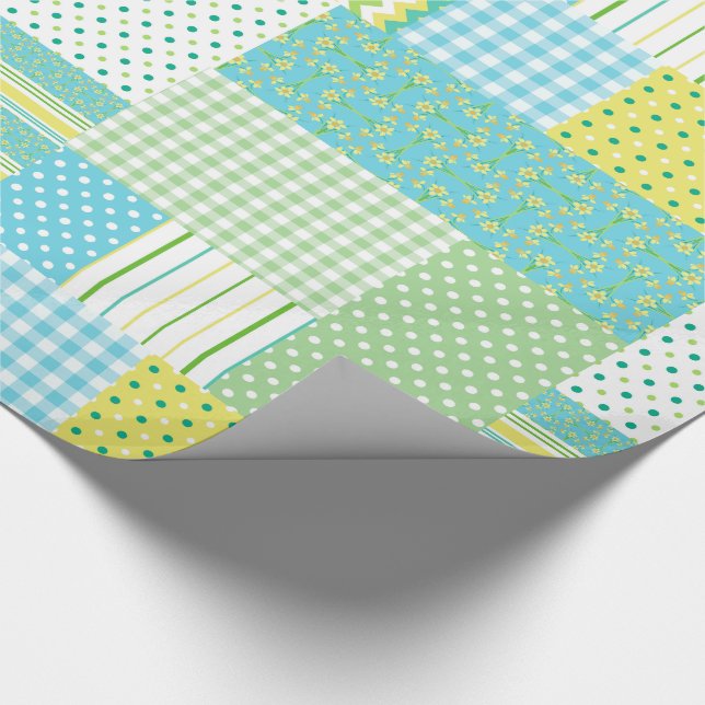 Daffodils Faux Patchwork Polkas Checks Florals Wrapping Paper (Corner)