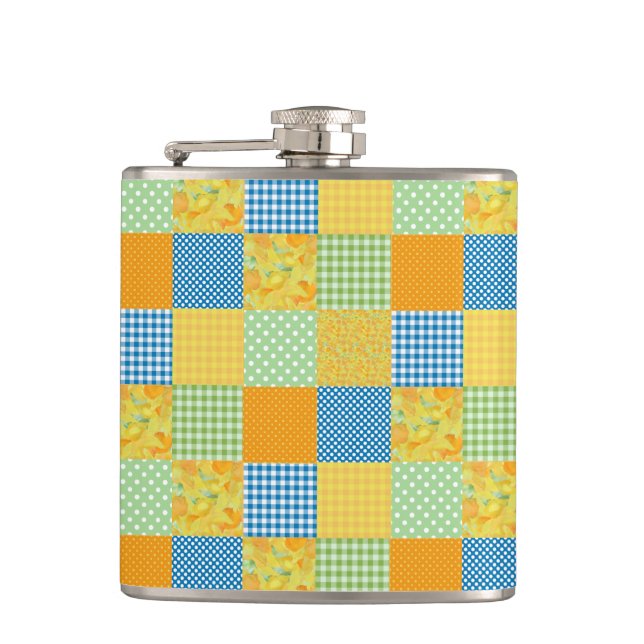Daffodils Hip Flask: Country-Style Faux-Patchwork Hip Flask (Front)