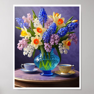 Daffodils Hyacinths Blue Glass Vase Teacups Poster