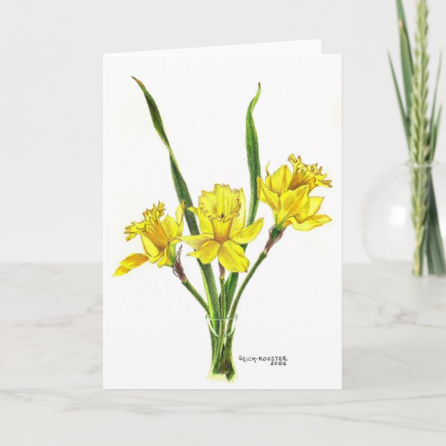 Daffodils in coloured pencil holiday card (Front)
