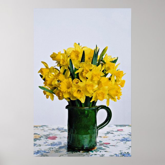 Daffodils in green vase flowers poster (Front)