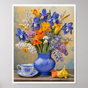 Daffodils Iris Blue Ceramic Vase Teacup Poster
