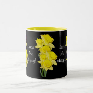 Daffodils on black coffee lovers mug Java me happy