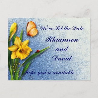 Daffodils on Decorated Blue Save the Date Announcement Postcard