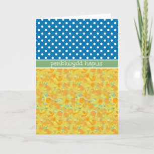 Daffodils, Polka Dots Birthday Card Welsh Greeting