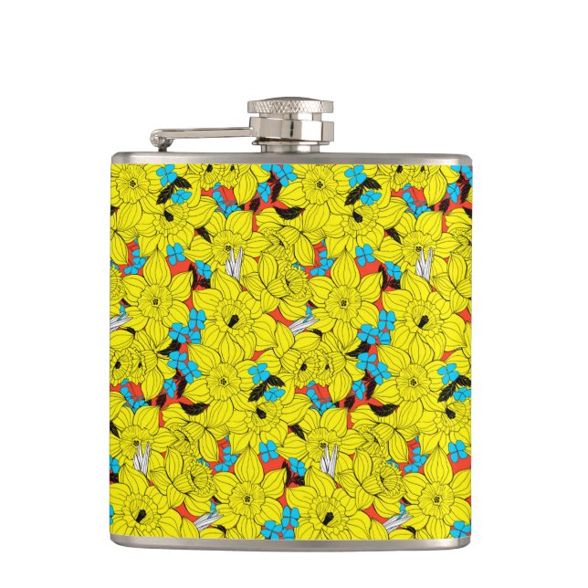 Daffodils spring floral pattern hip flask (Front)