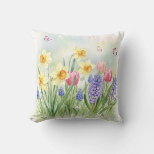 Daffodils, Tulips, Hyacinths, Butterflies Pillow