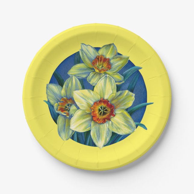 Daffodils Yellow white blue spring easter event Paper Plate (Front)