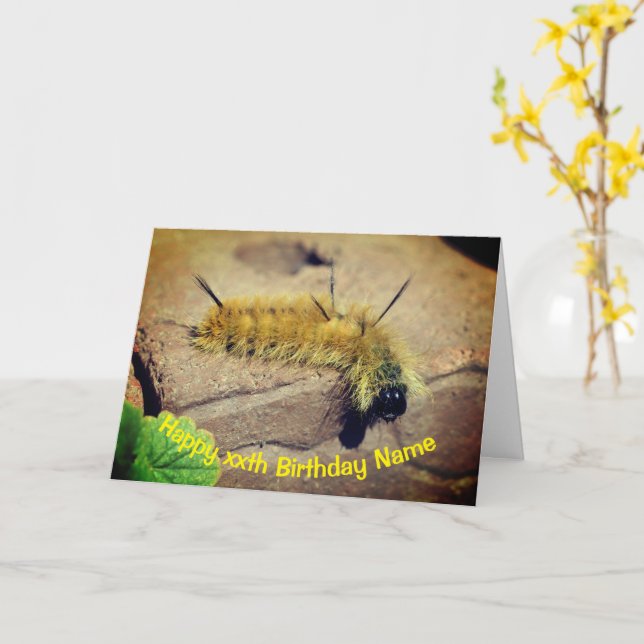 Dagger Moth Caterpillar Personalised Birthday  Card (Yellow Flower)