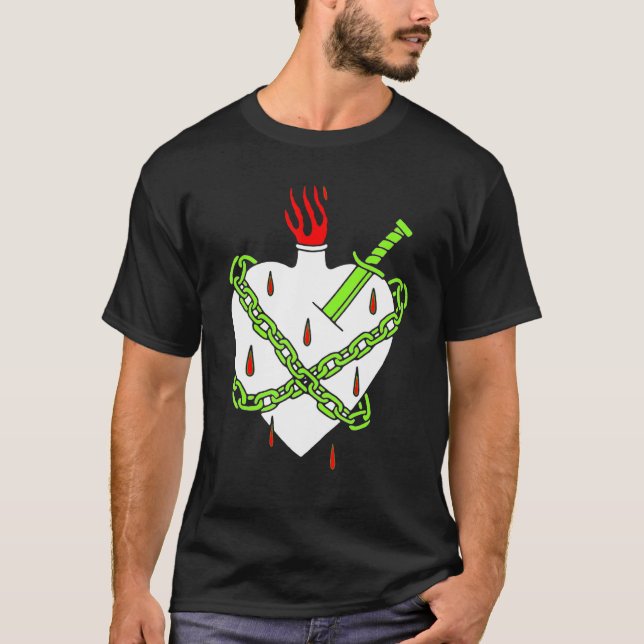 Dagger Planted In White Heart With A Red Flame And T-Shirt (Front)