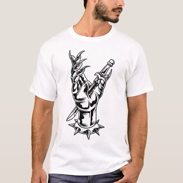 Dagger through demon hand tattoo design T-Shirt (Front)