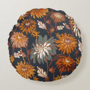 Dahlia and chrysanthemums bold seamless pattern, a round cushion
