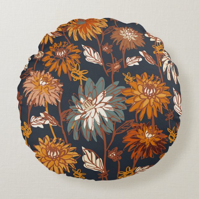 Dahlia and chrysanthemums bold seamless pattern, a round cushion (Front)