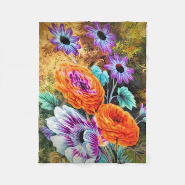 Dahlia and daisy flower garden floral fleece blanket (Front)