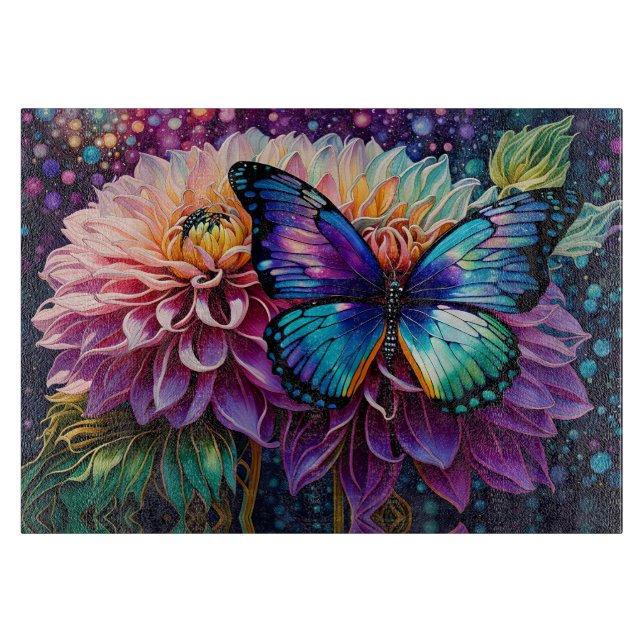 Dahlia And Iridescent Butterfly Cutting Board (Front)