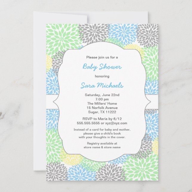 Dahlia blooms neutral baby shower blue mint grey invitation (Front)