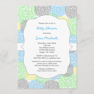 Dahlia blooms neutral baby shower blue mint grey invitation