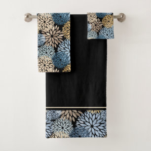 Dahlia Blue Gold Floral Pattern Bath Towel Set