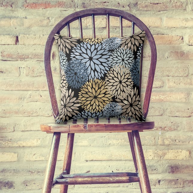 Dahlia Blue Gold Oversized Flower Pattern Cushion (Creator Uploaded)