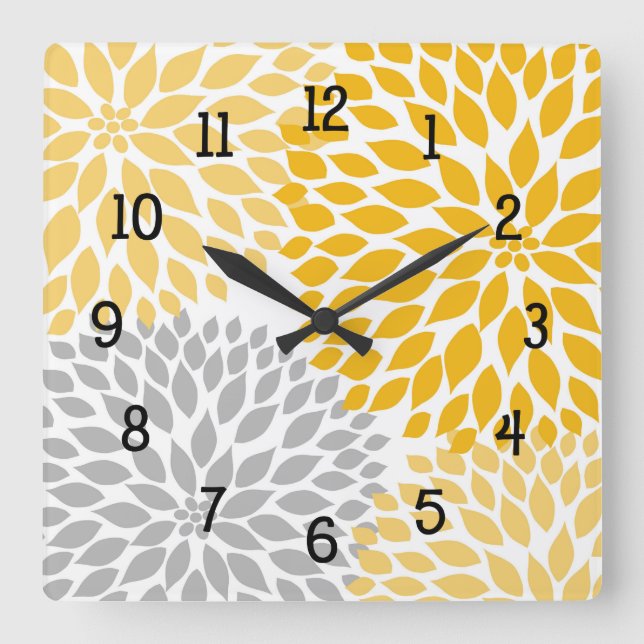 Dahlia Bouquet, mustard yellow grey floral Square Wall Clock (Front)