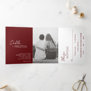 Dahlia Burgundy Contemporary Modern Wedding Tri-Fold Invitation