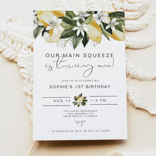 DAHLIA Cute Watercolor Lemon First Birthday Invitation (Creator Uploaded)