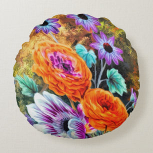 Dahlia daisy flower garden floral gold purple peac round cushion