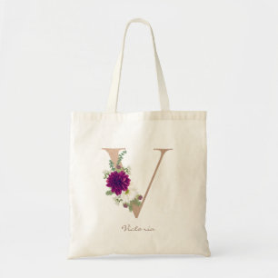 Dahlia floral bouquet rose gold monogram letter  V Tote Bag