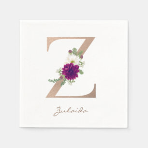 Dahlia floral bouquet rose gold monogram letter z napkin