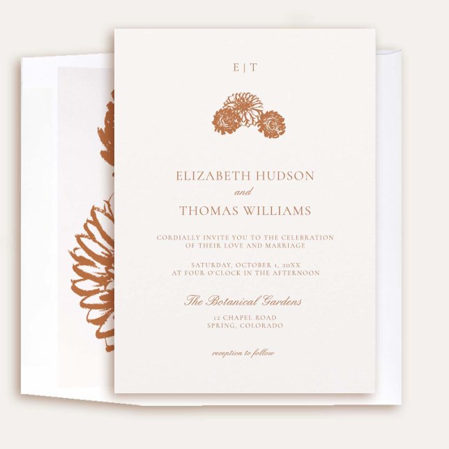 Dahlia Floral Sketch Monograms Formal Fall Wedding Invitation (elegant fall wedding invitation dahlia earth terracotta burnt orange floral sketch formal modern)