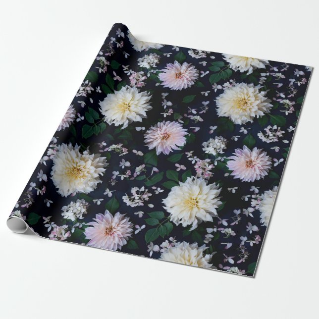Dahlia Flower Blooms blush on black  Wrapping Paper (Unrolled)