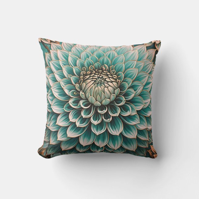 Dahlia Flower in Teal Aqua Blue Digital Art Cushion (Front)