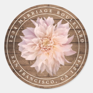Dahlia Flower Rustic Wood Wedding Return Address C Classic Round Sticker