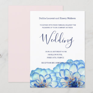 Dahlia flowers blue white blush pink wedding invitation