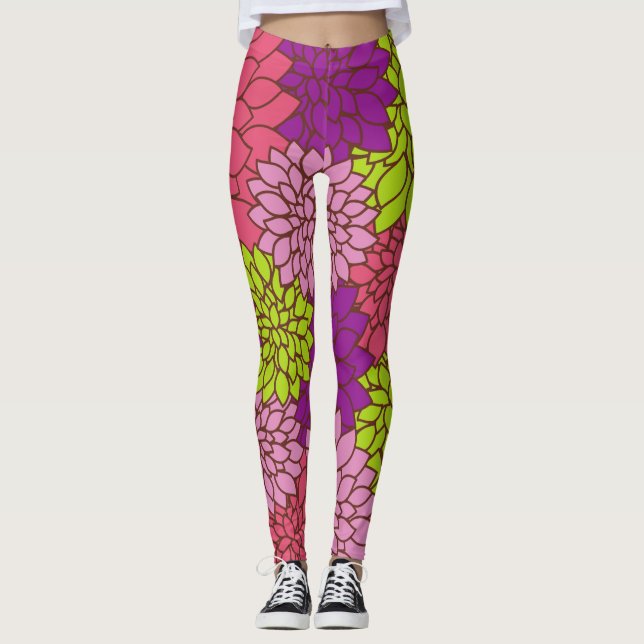 Dahlia Flowers, Colourful Flowers, Floral Pattern Leggings (Front)