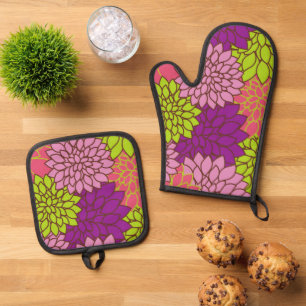 Dahlia Flowers, Colourful Flowers, Floral Pattern Oven Mitt & Pot Holder Set