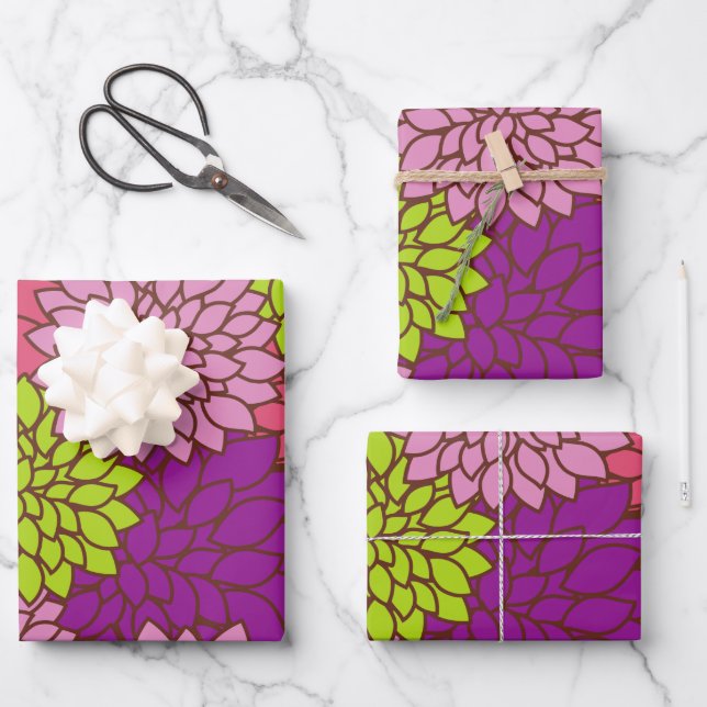 Dahlia Flowers, Colourful Flowers, Floral Pattern Wrapping Paper Sheet (Front)