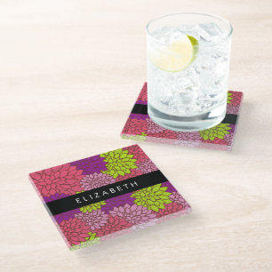 Dahlia Flowers, Colourful Flowers, Your Name Glass Coaster