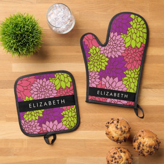 Dahlia Flowers, Colourful Flowers, Your Name Oven Mitt & Pot Holder Set (Top Down)