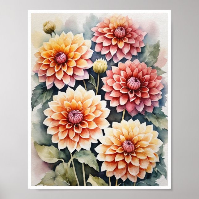 Dahlia Flowers handmade Water Colour Poster Art (Front)