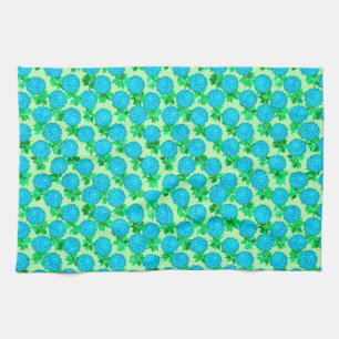 Dahlia flowers in turquoise blue and green tea towel
