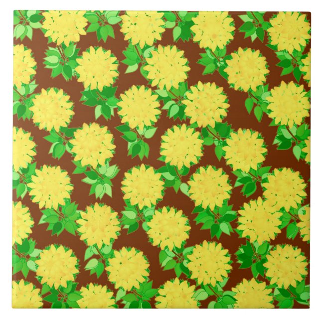 Dahlia flowers in yellow and chocolate ceramic tile (Front)