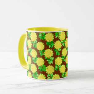 Dahlia flowers in yellow and chocolate mug