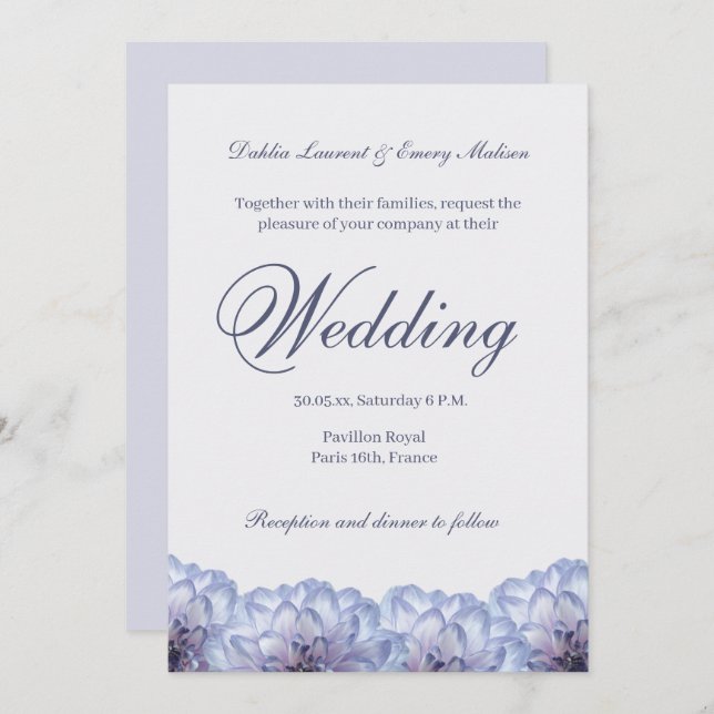 Dahlia Flowers Lilac Blue Elegant Floral Wedding Invitation (Front/Back)