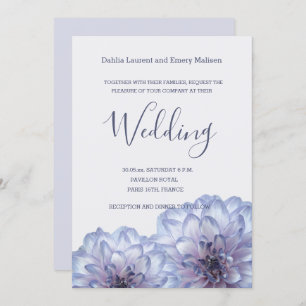 Dahlia flowers Lilac Blue Grey wedding invitation