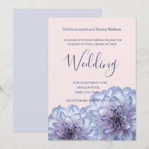 Dahlia flowers lilac blue pink wedding invitation