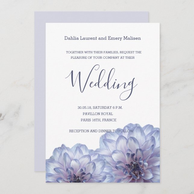 Dahlia flowers lilac blue white wedding invitation (Front/Back)