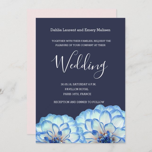 Dahlia flowers navy blue white blush pink wedding invitation (Front/Back)