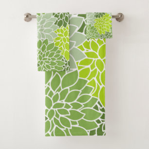 Dahlia Flowers, Pattern Of Flowers, Green Dahlia Bath Towel Set
