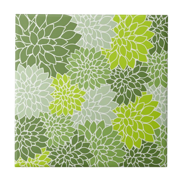 Dahlia Flowers, Pattern Of Flowers, Green Dahlia Ceramic Tile (Front)